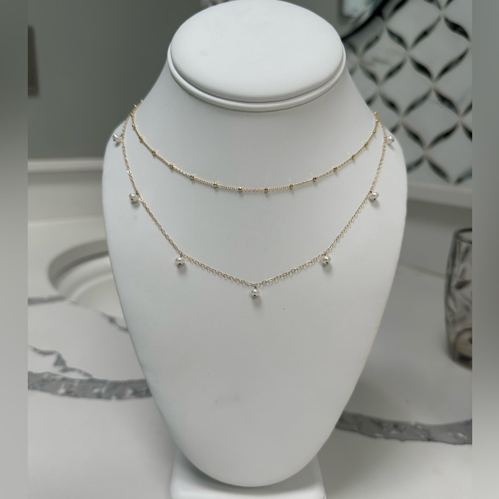 14K Solid Yellow Gold Pearl & Beaded chain Dainty layered Necklace!